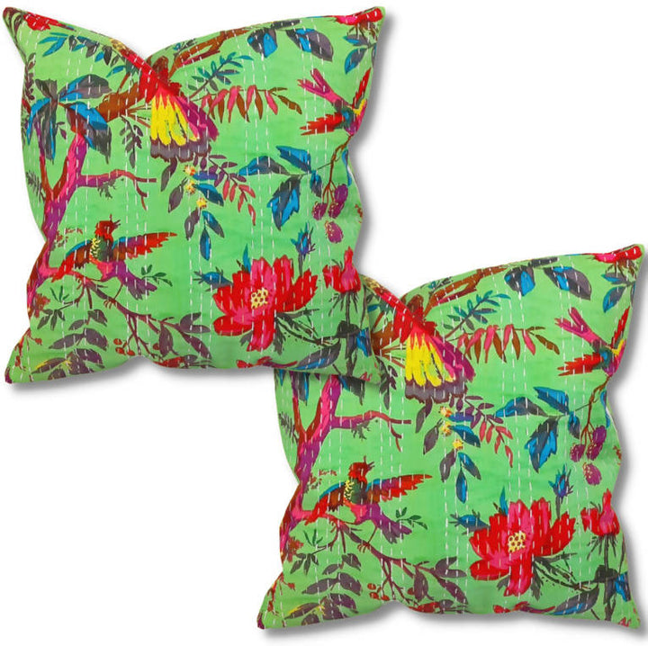 Green kantha work cotton cushion covers (set of 2)