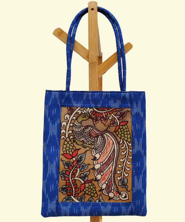 Hand painted kalamkari ikat blue tote bag