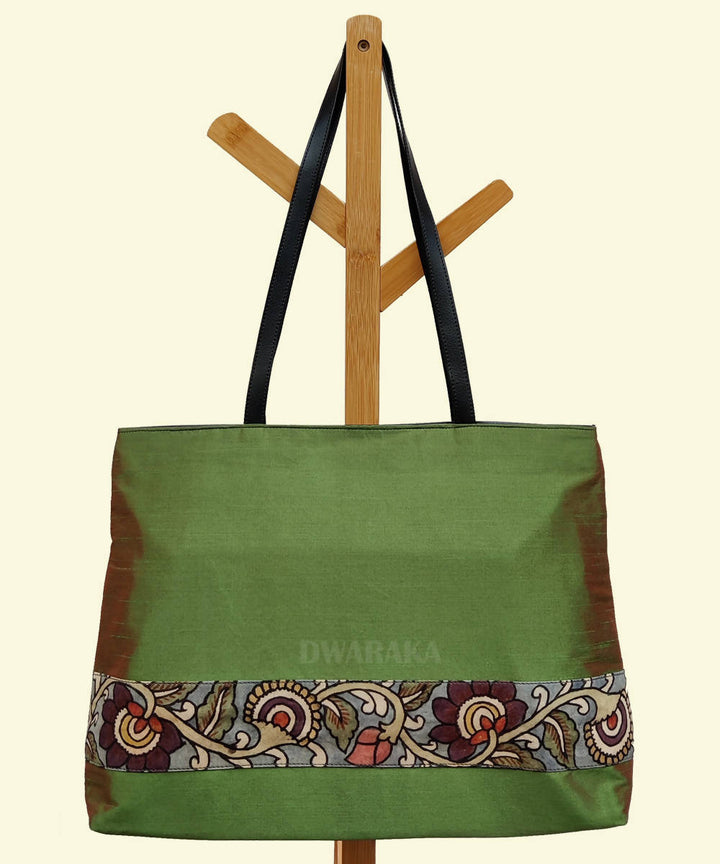 Green hand painted kalamkari cotton silk tote bag