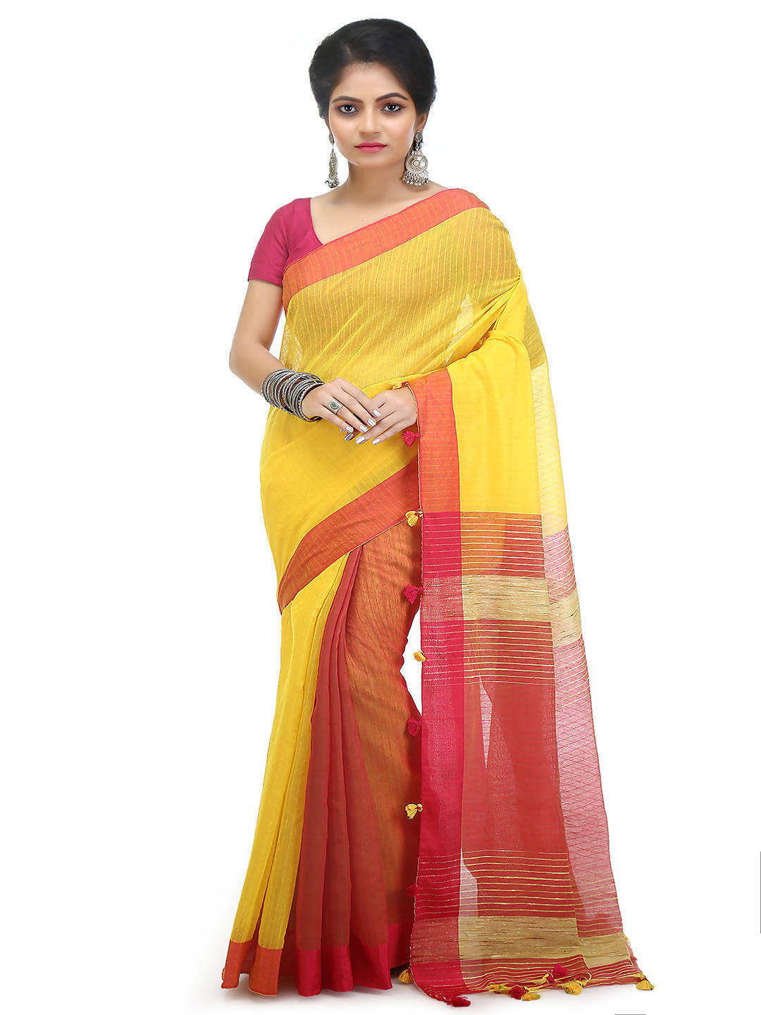 Yellow pink bengal handloom cotton blend saree