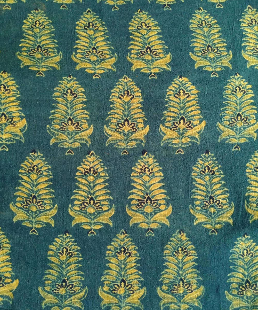 2.5m Green yellow natural dye handspun handwoven cotton ajrakh print fabric