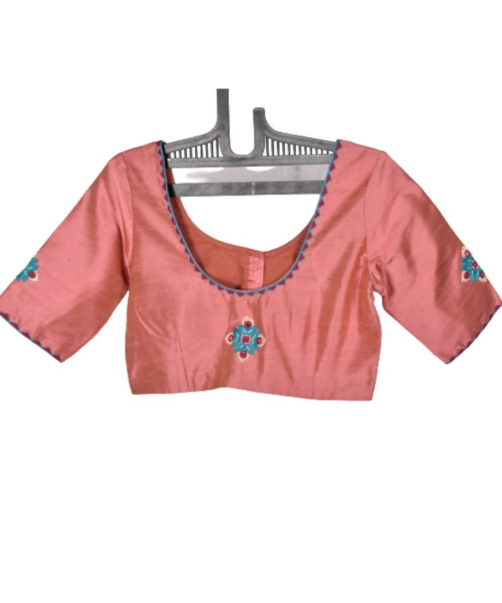 Peach raw silk blouse with mirrow work