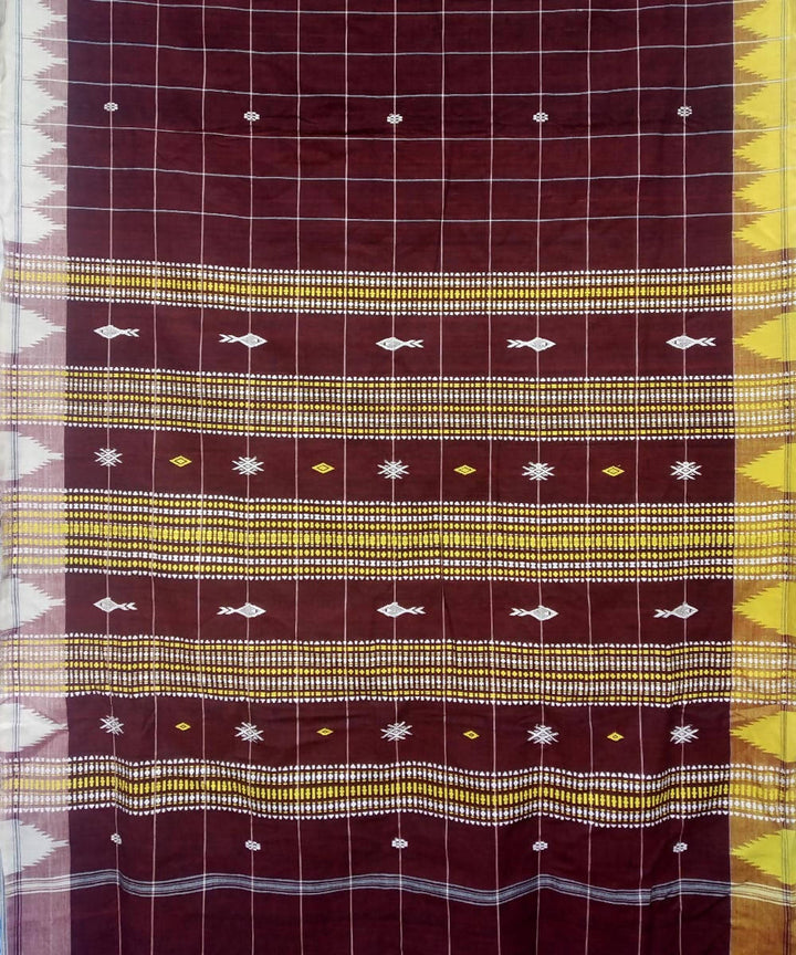 Maroon yellow checks handwoven coarse cotton kotpad saree