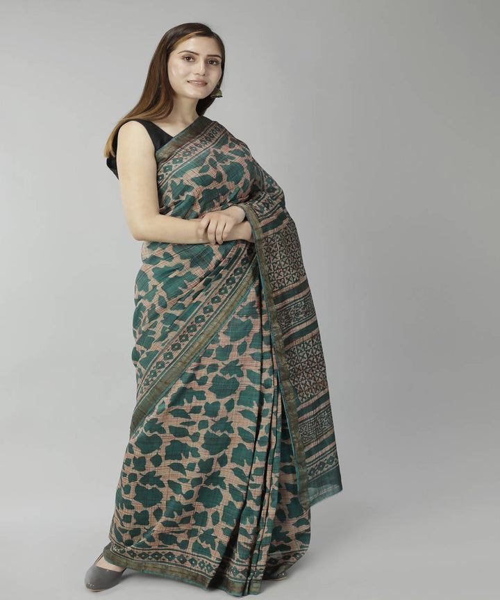 Dark sea green bagru handblock printed cotton silk saree