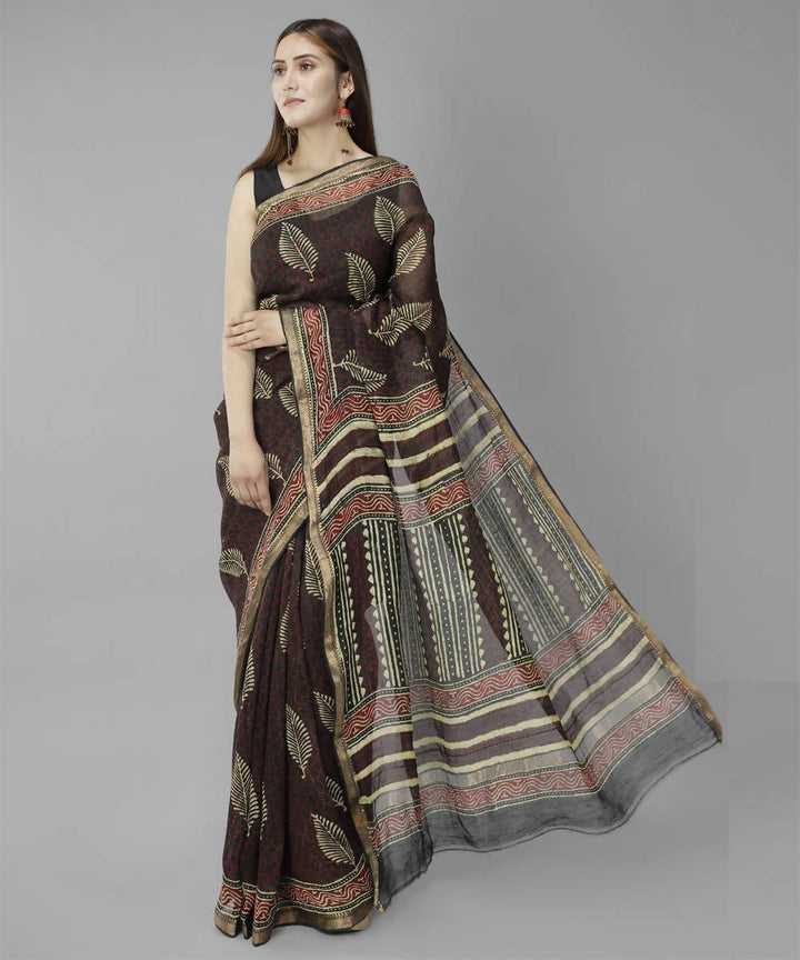 Brown bagru handblock printed linen saree