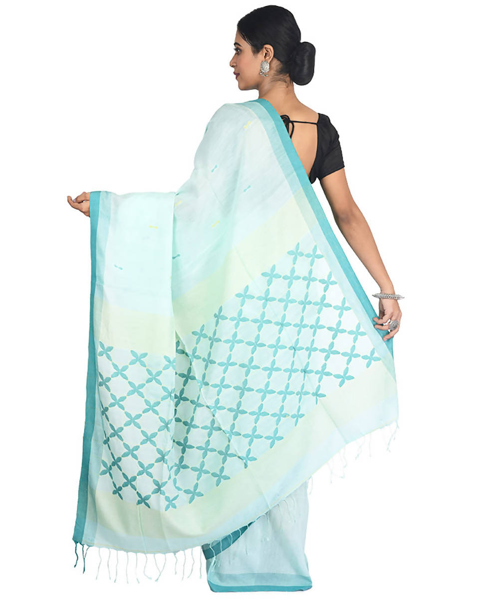 Light green and white handwoven bengal cotton silk saree