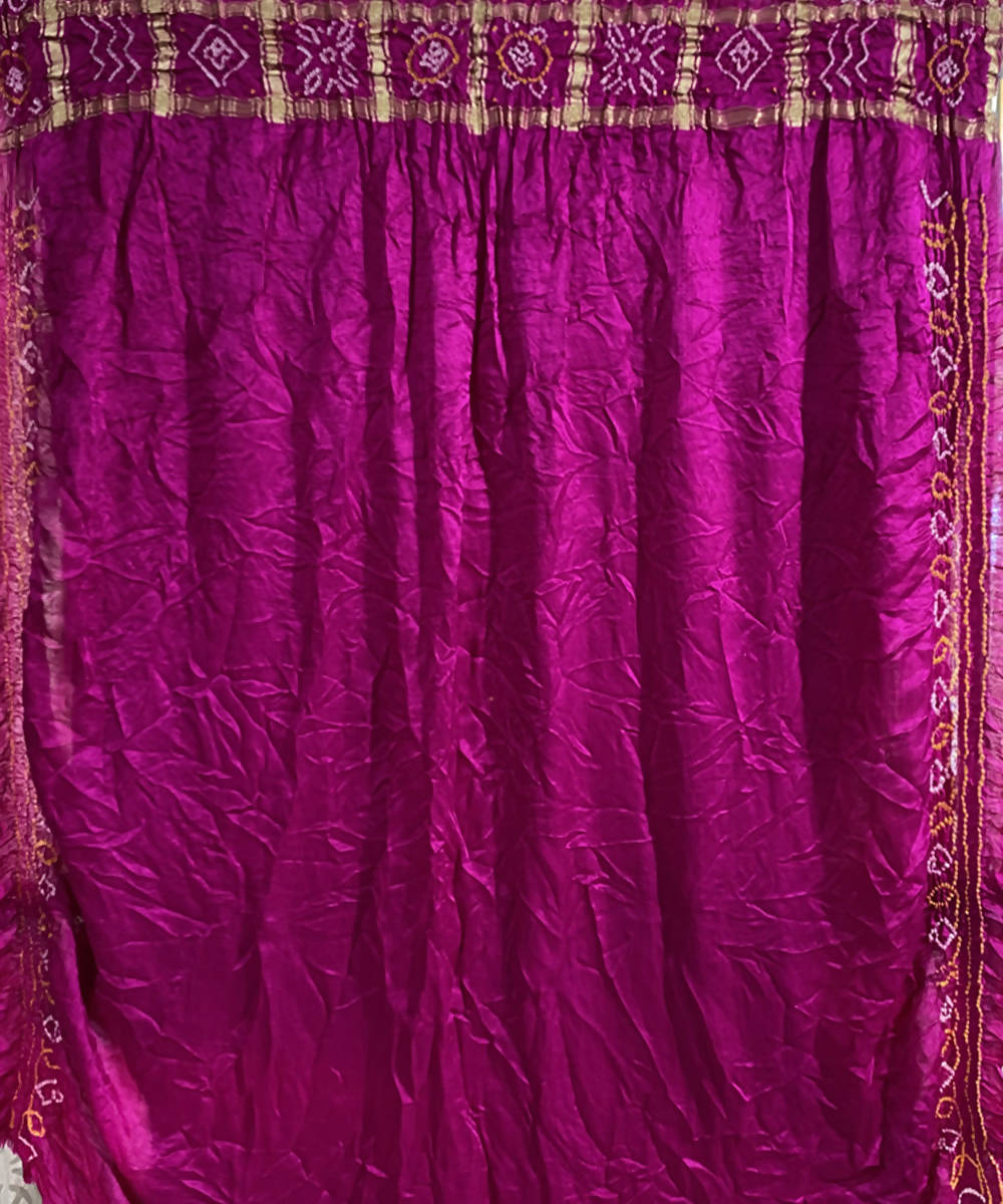 Pink hand printed bandhani gajji silk saree