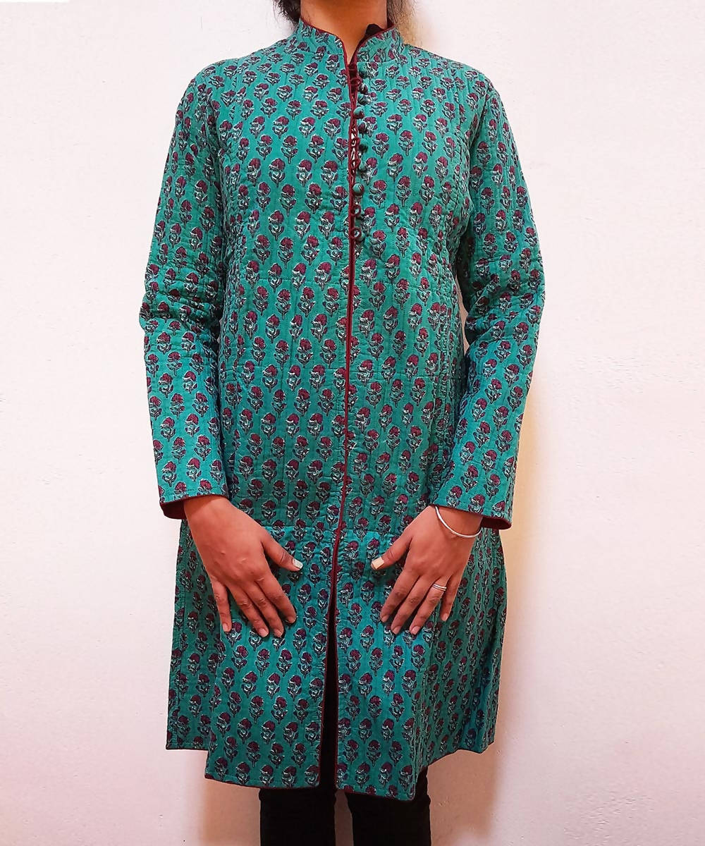 Turquoise maroon handblock print cotton quilted long jacket