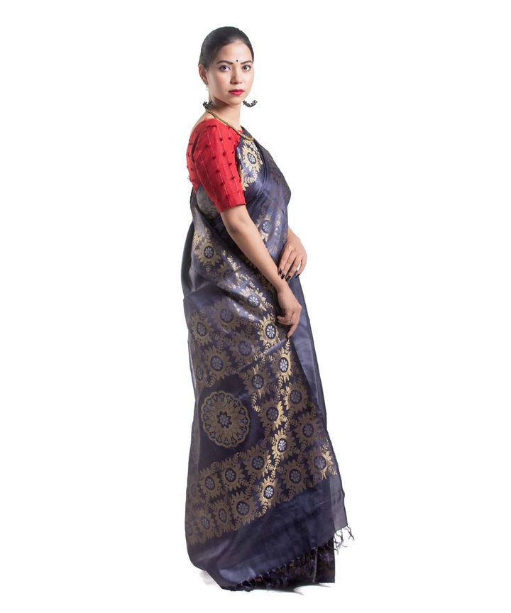 Grey with golden buta handwoven tussar silk saree