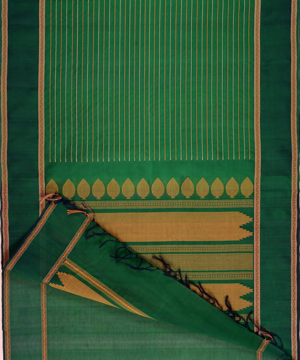 Bottle green kanjivaram silk cotton thread work veldhari stripe saree