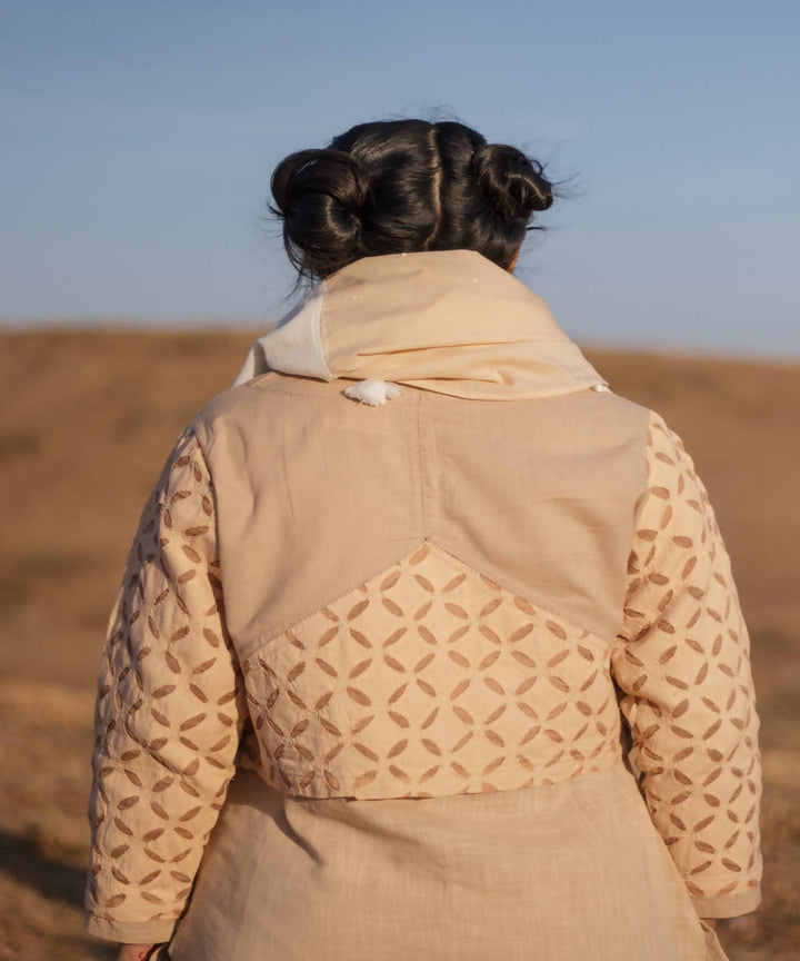 Beige cutwork handcrafted cotton crop jacket