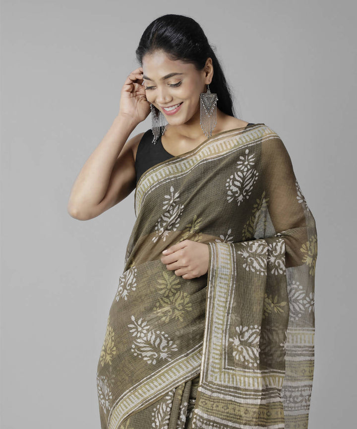 Fern green bagru handblock printed cotton saree