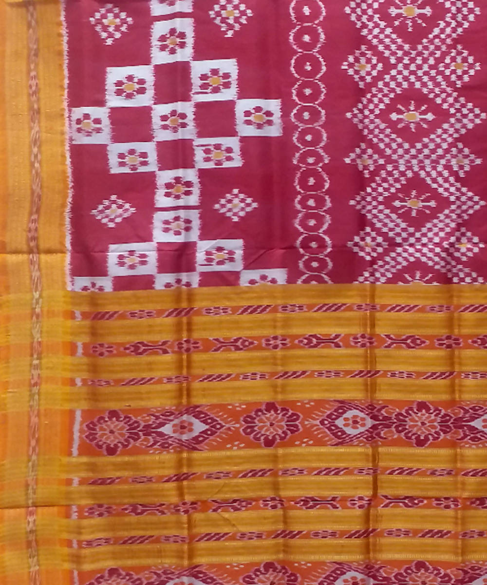 Amaranth red yellow handwoven silk khandua saree