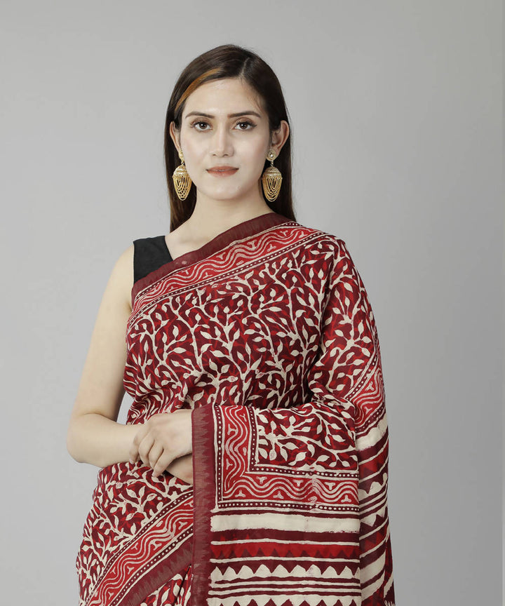 Red bagru handblock print cotton silk saree