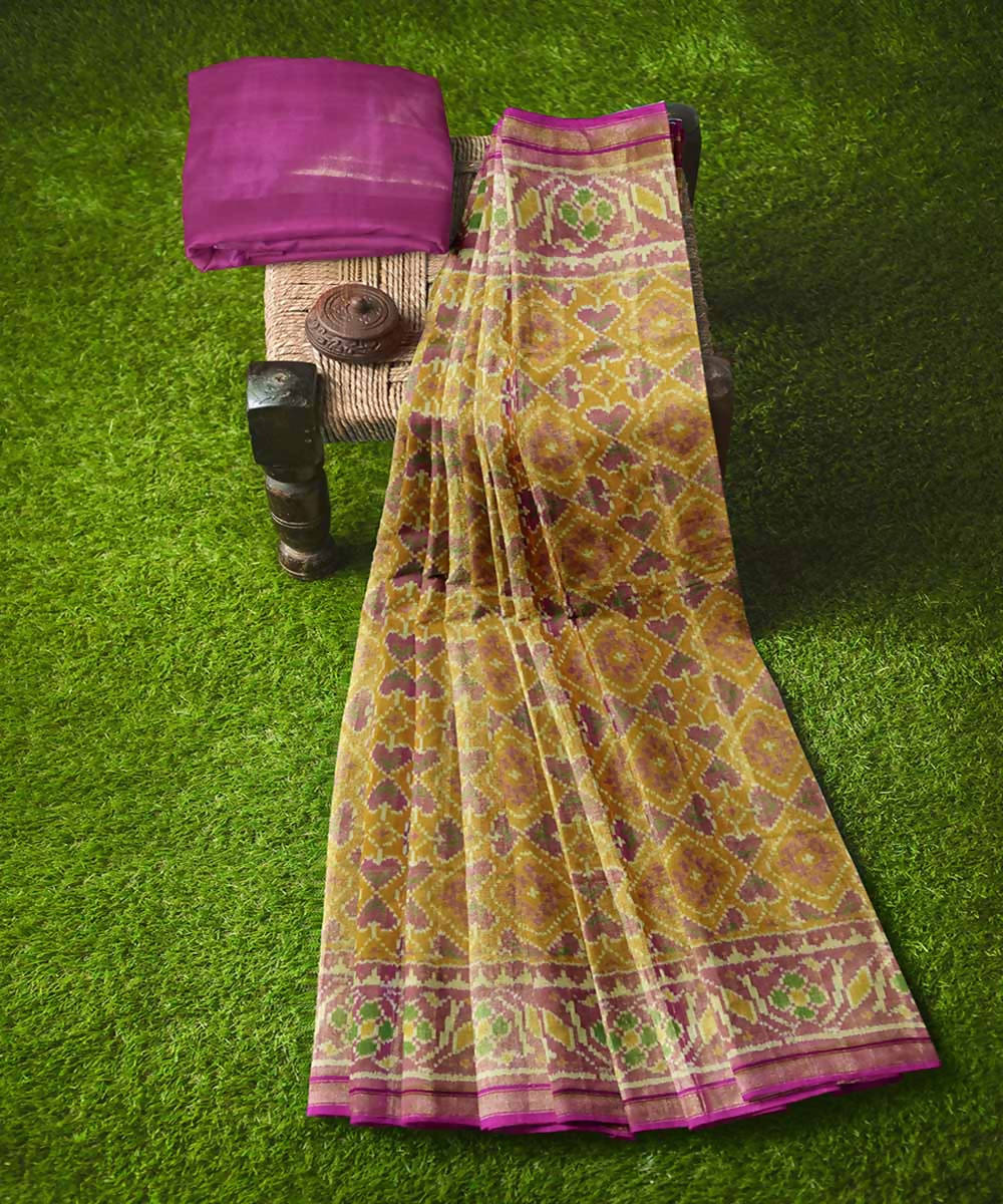 Mustard yellow pink handwoven patola silk saree