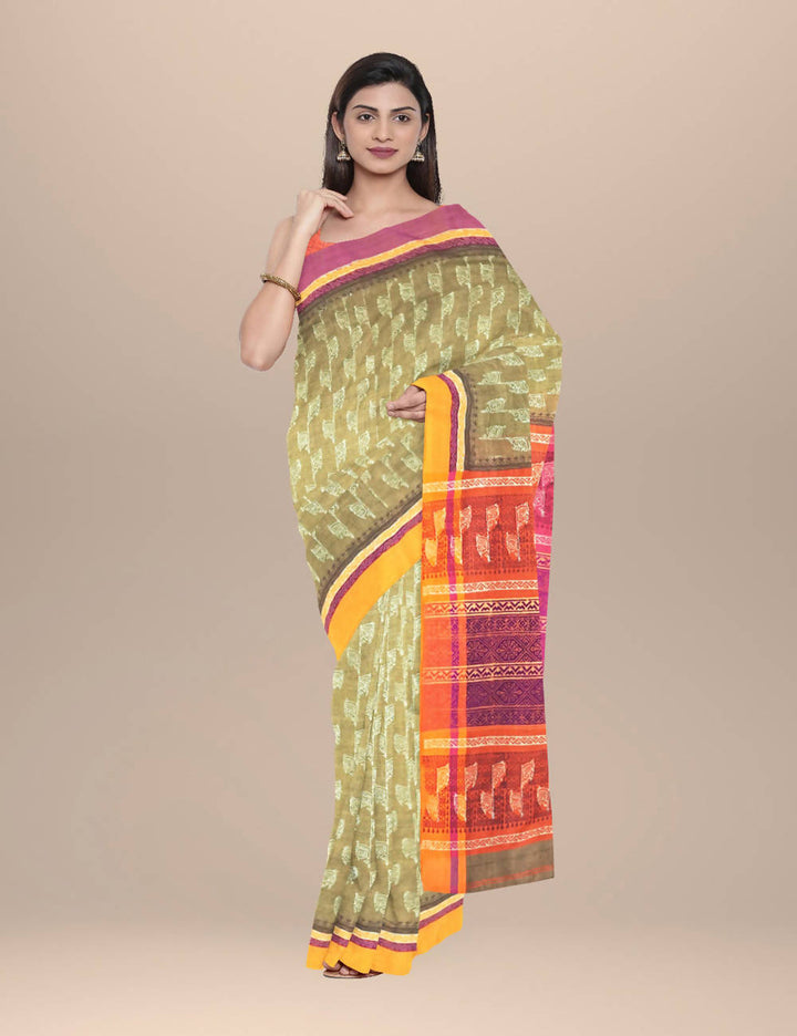 Olive green Cotton Handwoven and Hand Block Printed Saree