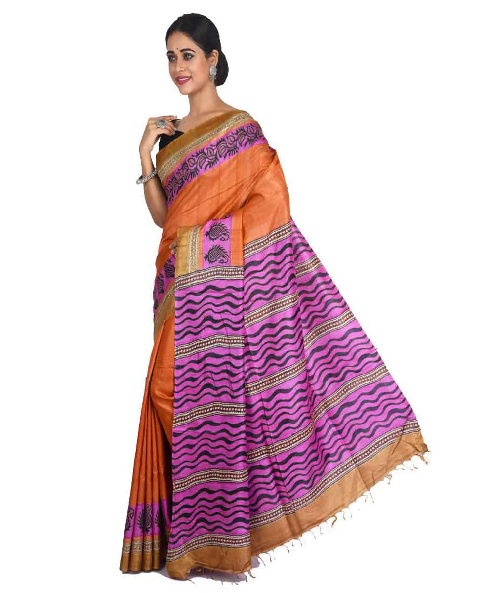 Orange and purple bengal hand embroidery tussar silk saree