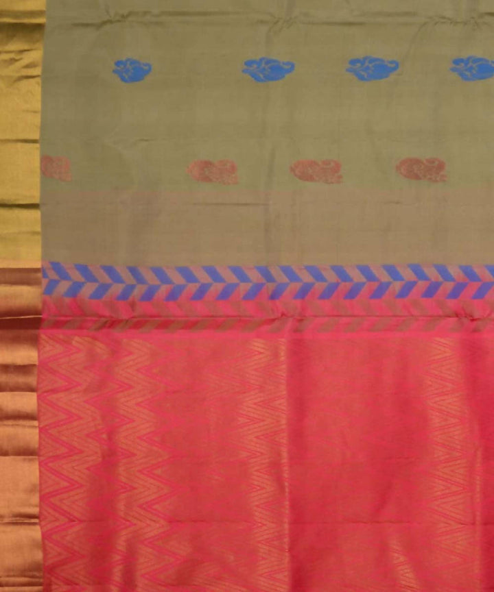 Grey Green Pink Handloom Soft Silk Saree