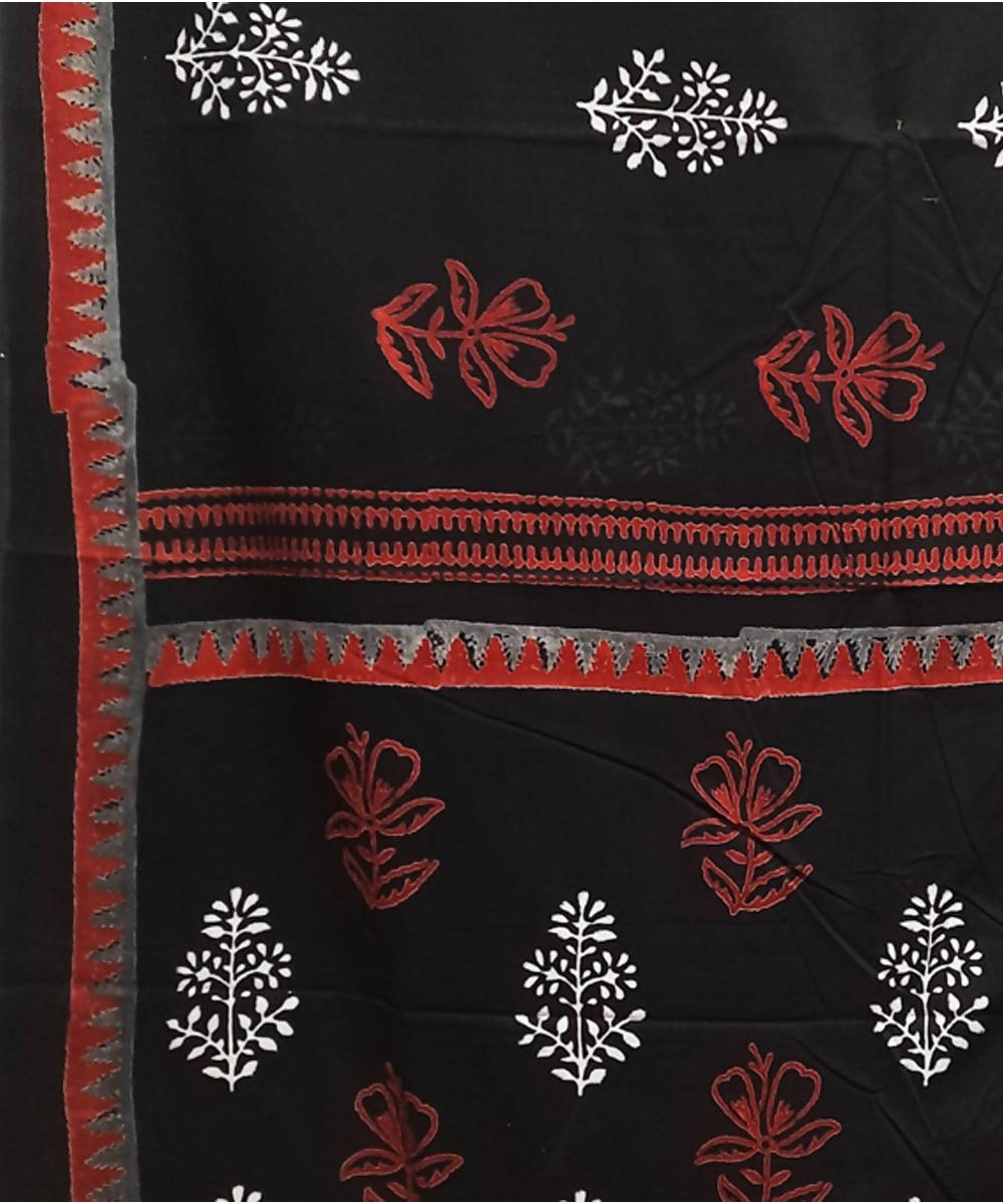 Black red white hand block print cotton saree