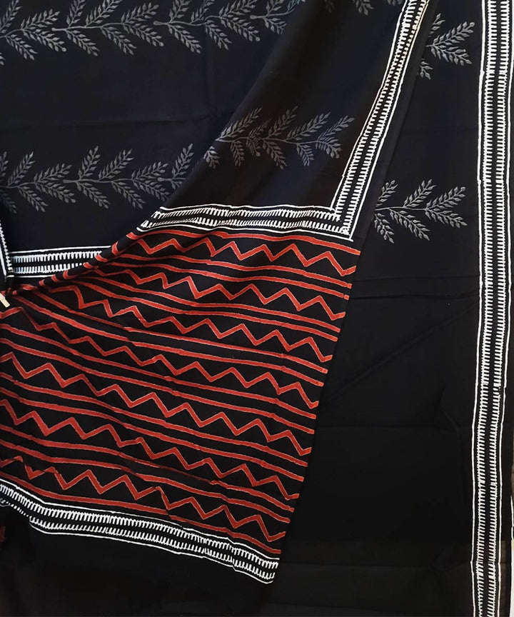 Black red grey hand block print cotton saree