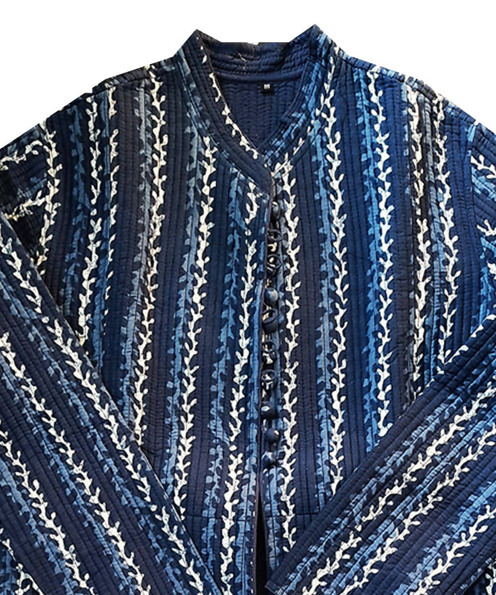 Indigo navy handblock printed cotton quilted long jacket