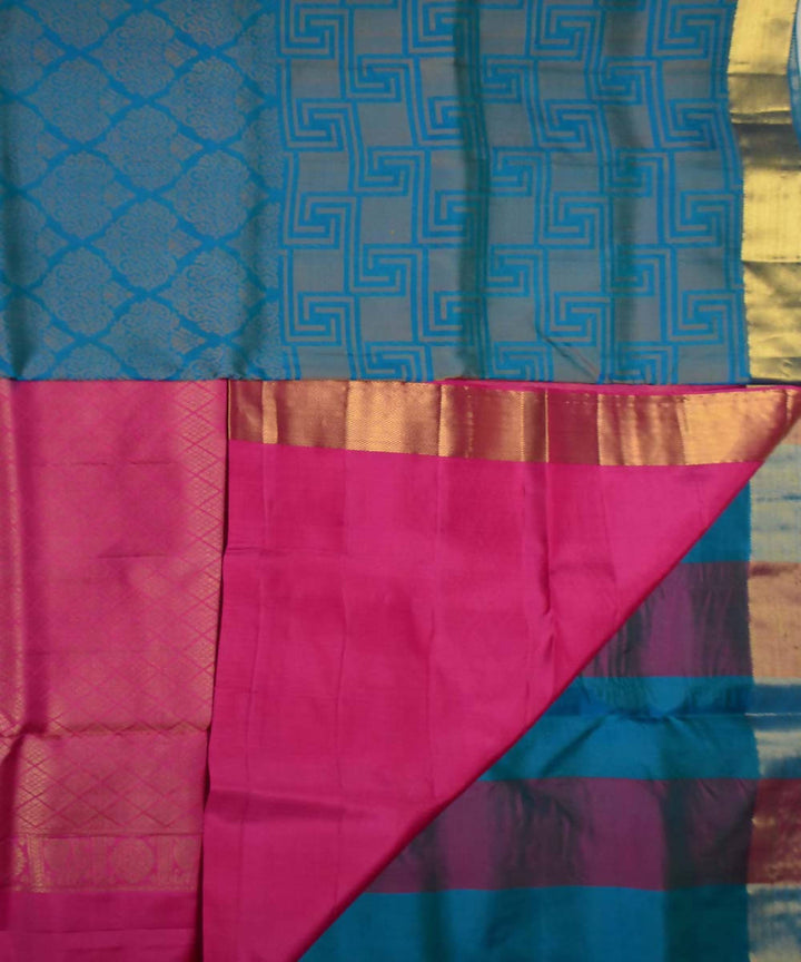 Blue Pink Handloom Soft Silk Saree