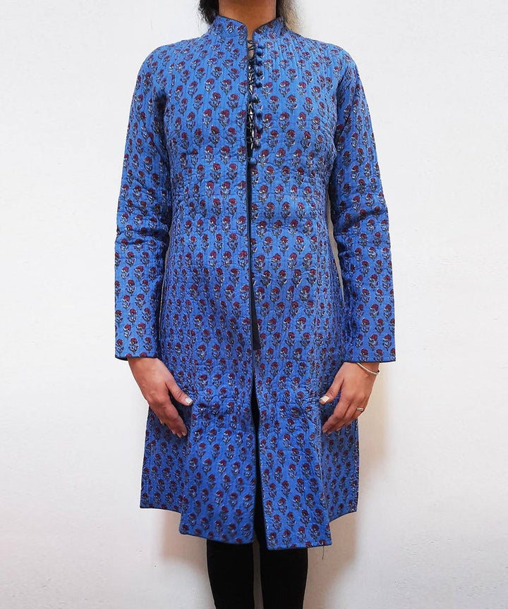 Cobalt blue handblock printed cotton quilted long jacket