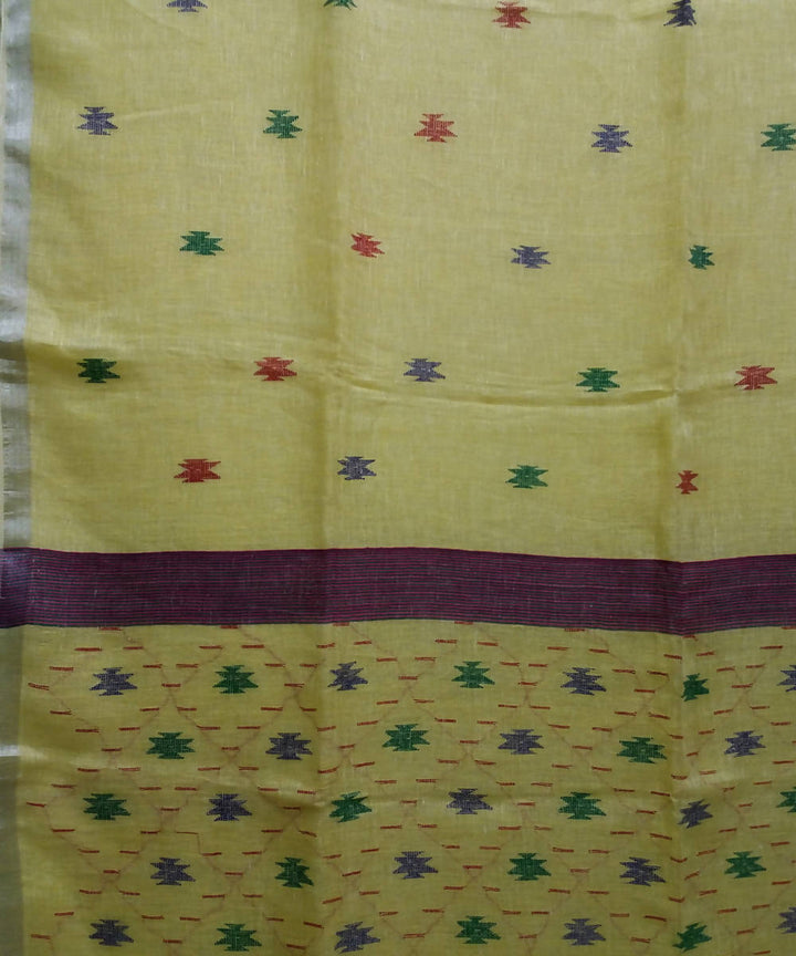 Handwoven bengal jamdani linen light yellow saree