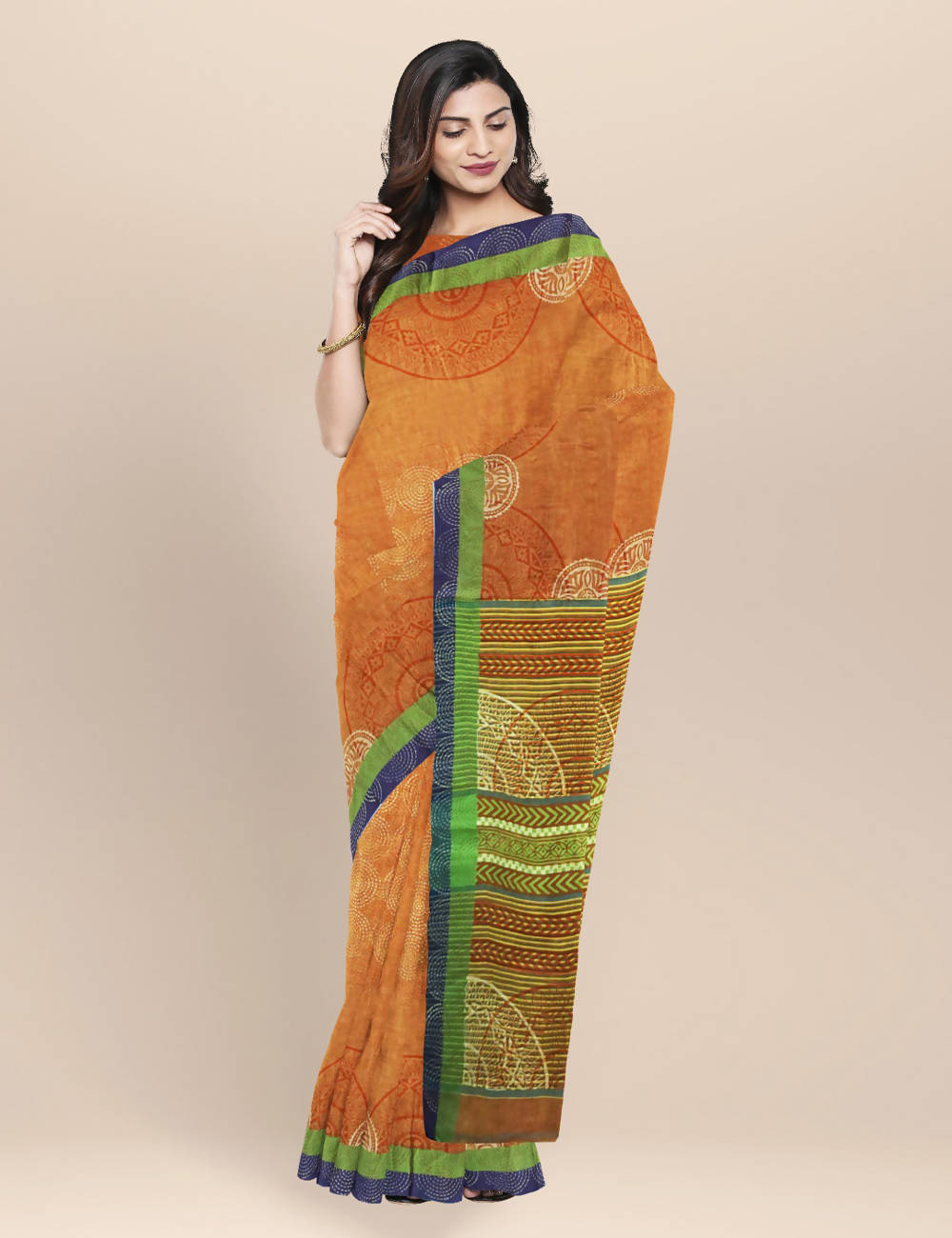 Orange Cotton Handwoven and Hand Block Printed Saree