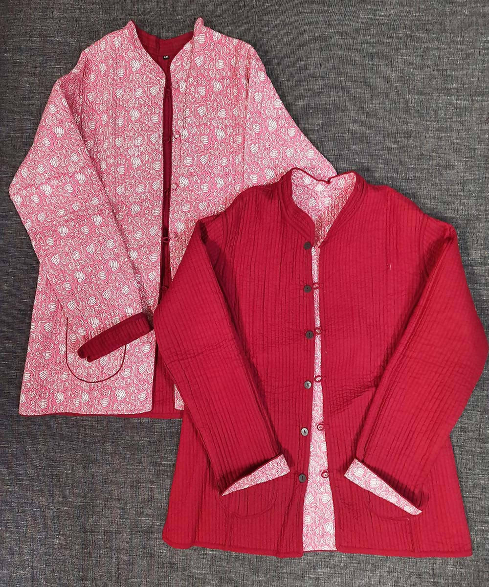 Red and white block printed reversible jacket with cotton quilting