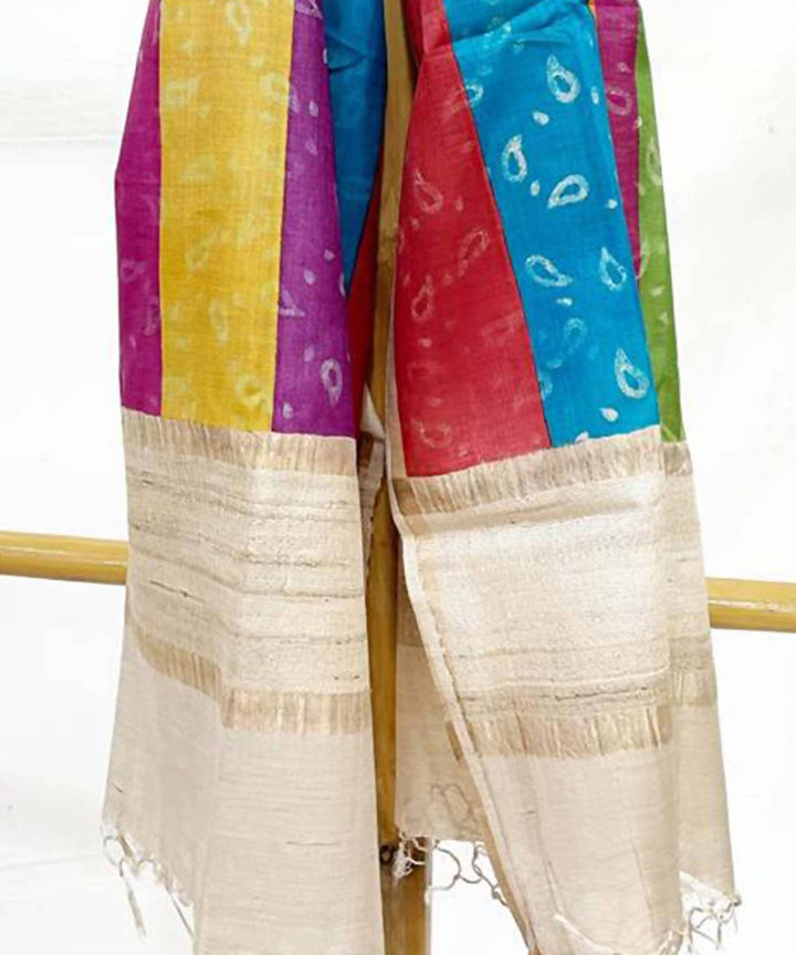 Rainbow striped handwoven block printed tussar silk stole