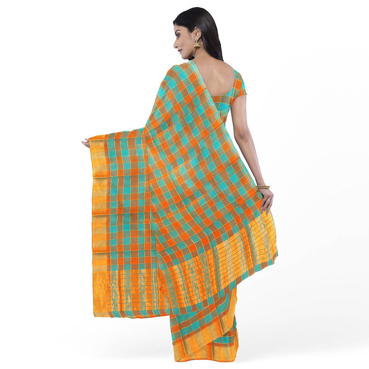 Blue orange checks handloom cotton venkatagiri saree