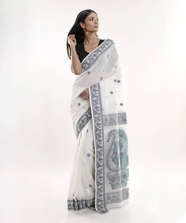 White black handblock print bengal cotton saree