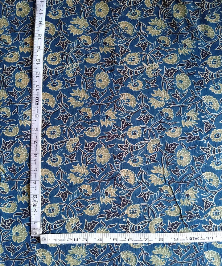 ajrakh blue yellow print handspun handwoven cotton kurta fabric