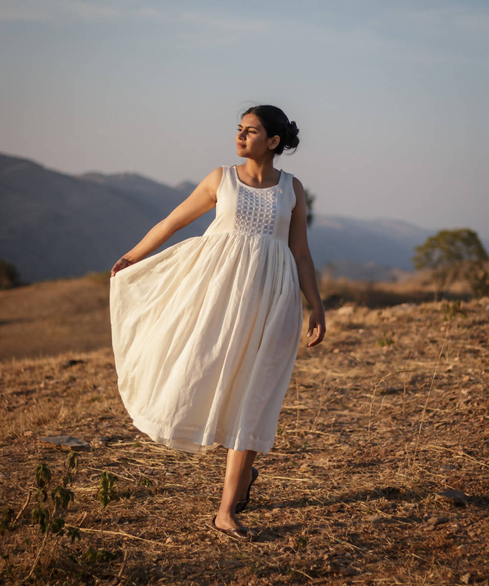 Cream white flaired cutwork kediya kora handcrafted cotton dress