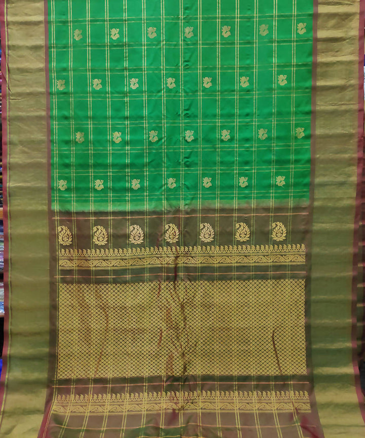 green checks Handwoven Gadwal Butta Work Silk Saree