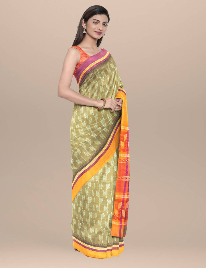 Olive green Cotton Handwoven and Hand Block Printed Saree