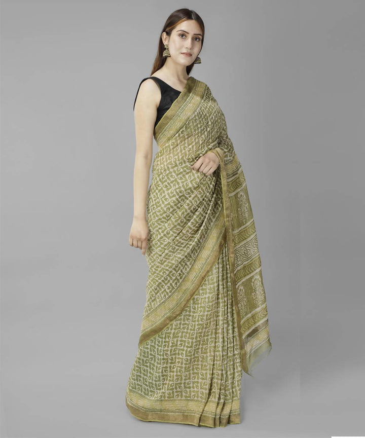 Olive green bagru handblock printed linen saree