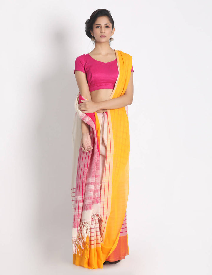 Off white handspun handwoven cotton saree with ganga jamuna border