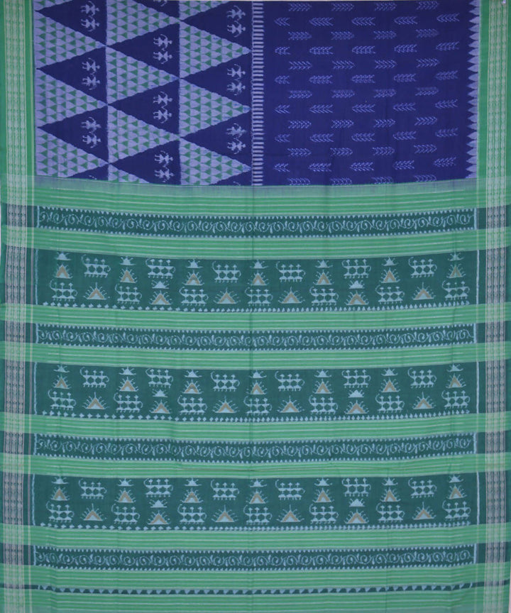 Blue green handwoven cotton ikat sambalpuri saree