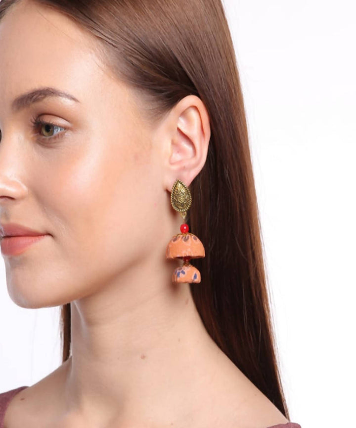 Leaf metal orange double jhumka earrings