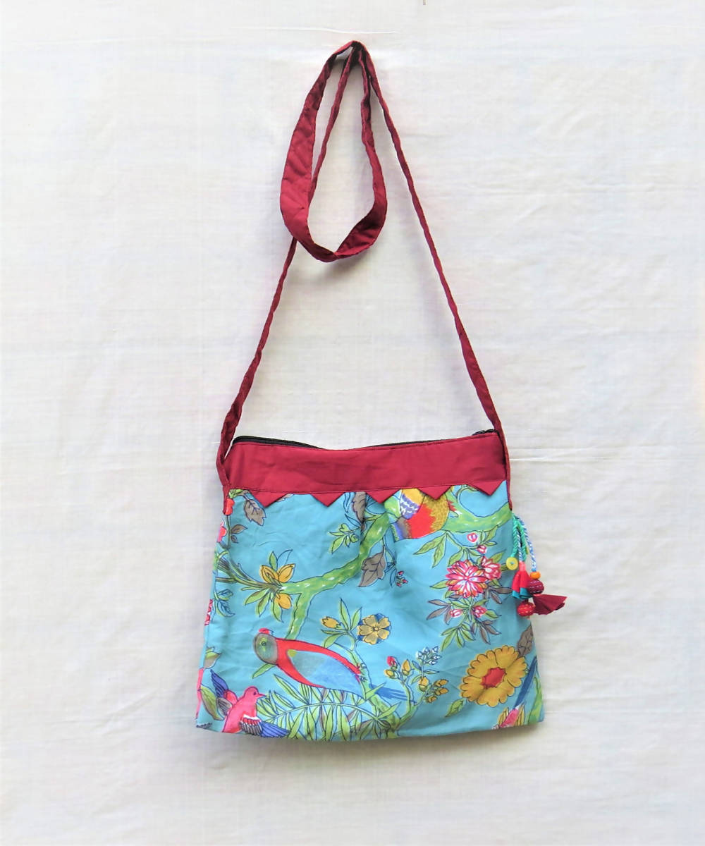 Light blue red handmade vegetable dye cotton bag