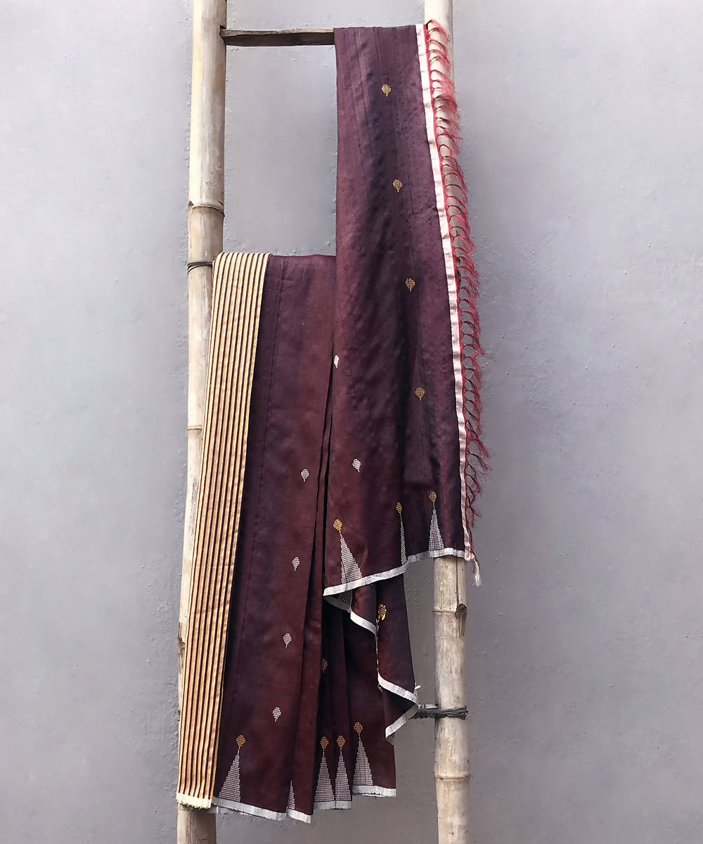 Wine purple white handwoven extra weft tussar silk saree