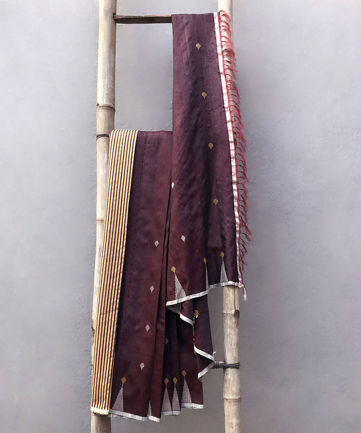 Wine purple white handwoven extra weft tussar silk saree