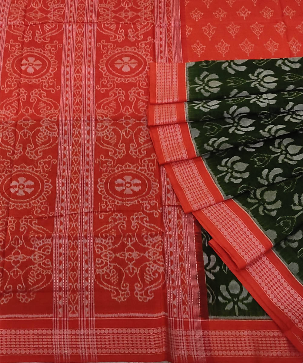 Red dark green cotton handwoven sambalpuri saree