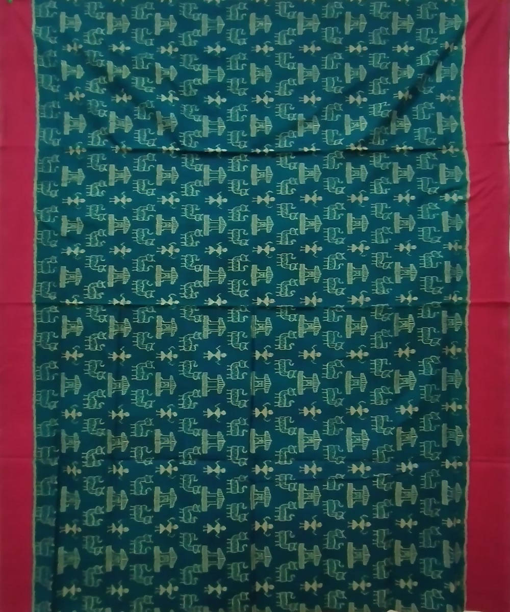 Dark green red handwoven cotton sambalpuri saree