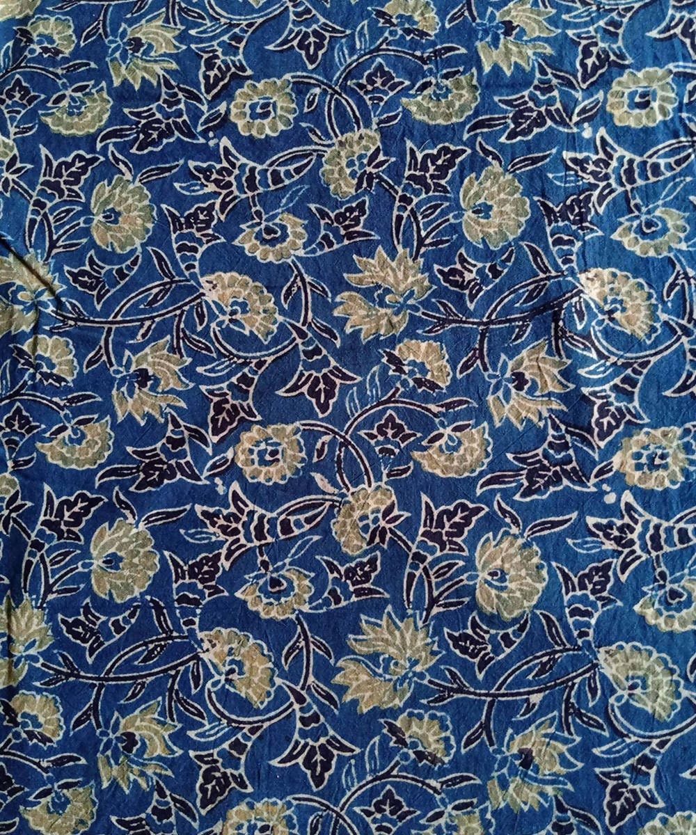 ajrakh blue yellow print handspun handwoven cotton kurta fabric