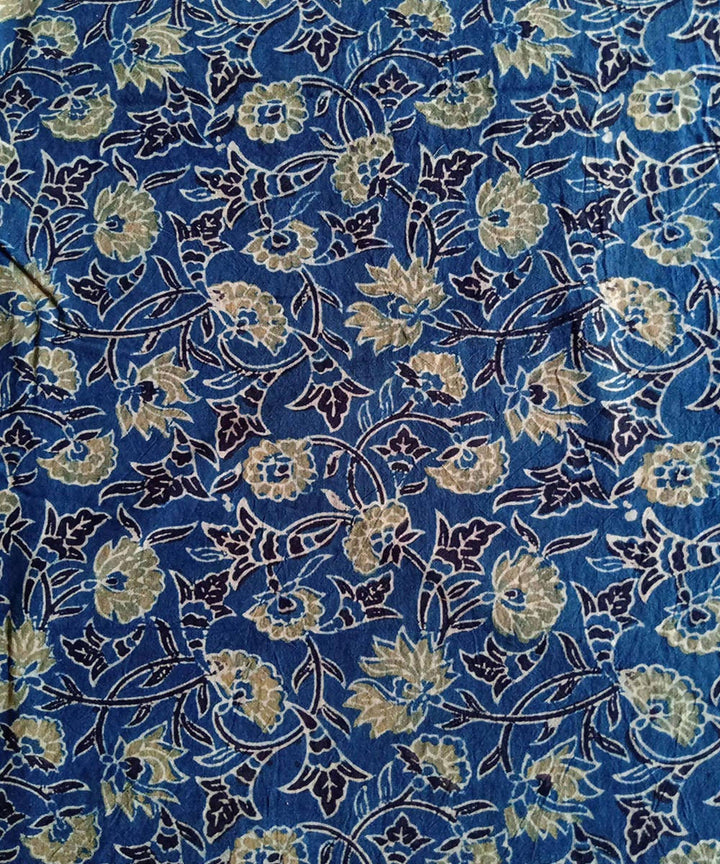 ajrakh blue yellow print handspun handwoven cotton kurta fabric