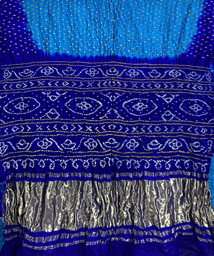 Sky blue hand printed gajji silk bandhani saree