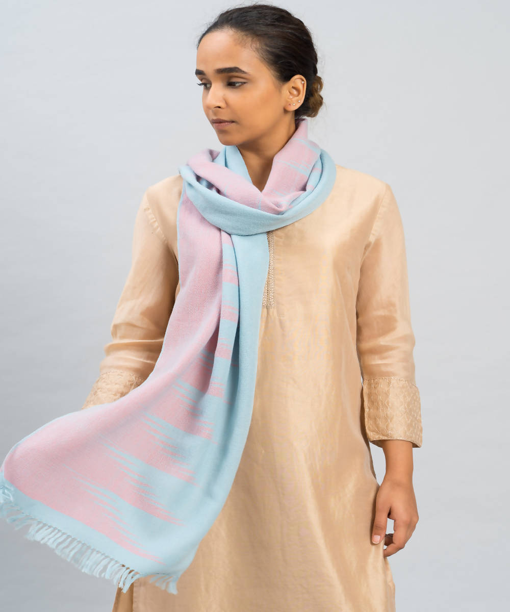 Pink blue handwoven panchachuli wool lambswool scarf
